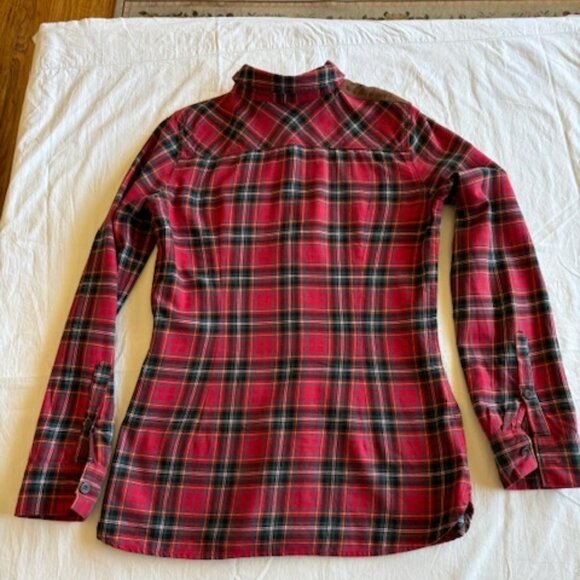Eddie Bauer Woman's Red Plaid Flannel Shirt with faux leather shoulder patch - Picture 2 of 8